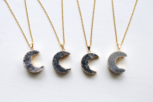 Amethyst Druzy Crescent Moon Necklaces // Phases of the Moon Ring Set