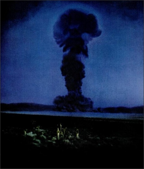 Atomic Bomb Blast, 1955Blue afterglow remains in the atmosphere surrounding the atomic cloud as the 