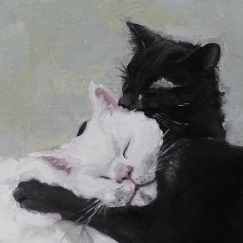 snootyfoxfashion:The Lovers by Lauren ZaknounOil painting of two cats who love each other very much.