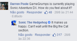 jcam91:  queen-c0rgi:  juliejotheotaku:  sonikkulover:  Meanwhile at the Sonic Facebook page…  I CAN’T BELIEVE BIG IS A FUSION  The Sonic Facebook account is unstoppable.  This makes me happy. Like, you don’t even know how happy this makes me. 