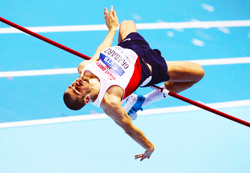 Robbie Grabarz competing in the high jump qualification at the World Indoor Championships, in Sopot.