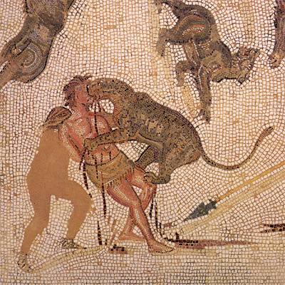 worldhistoryfacts:Leopards kill a Roman criminal in a Tunisian mosaic dating from the 200s CE. Some 