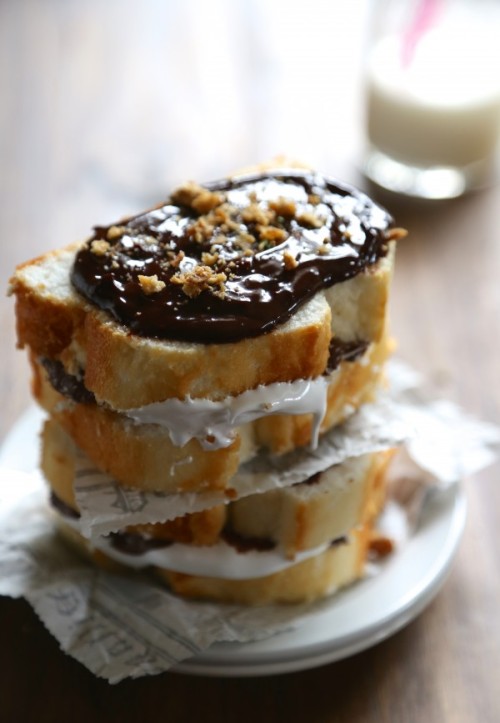 confectionerybliss:  Nutella S’more Angel Food Cake Sammies with Marshmallow Frosting | Climbing Grier Mountain 