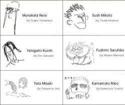 sandreeen: K character caricatures drawn by their respective voice actors! Sugita, Tsuda and OnoD drew theirs on the first episode of K’s web radio, “KR”. Munakata-san’s caricature… XD I have no words, lol. Kamamoto’s is great though! He’s