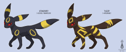 fallenzephyrart:  Some slightly different Pokemon variations! Rather than having wildly differing anatomy, Umbreon’s markings change to reflect the other parent’s 