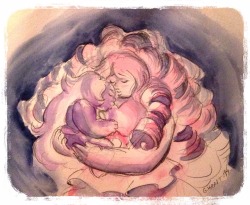 gracekraft:  Some loose watercolor for brush testing.    I’m curious as to what Amethyst and Rose Quartz’s relationship was like, and if both of their Gems being from the Quartz family made them related in some way.