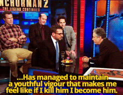 sandandglass:  Jon Stewart and the cast of Anchorman 2 