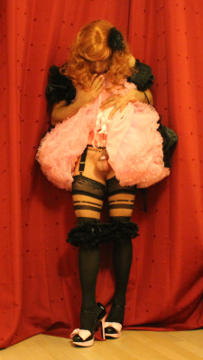 audreymaid:audrey with hur brand new Jezebelle sissy maid dres and accessories and hur smallest chastity cage