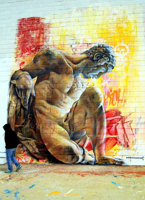 hellas-inhabitants:Murals of Greek gods rendered against a chaotic backdrop of graffiti by Pichi &am