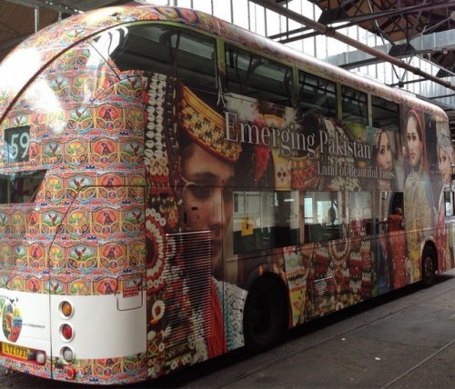  Double-Decker buses in London showing colours of Emerging Pakistan. 