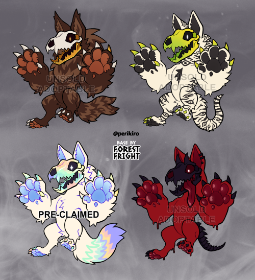Some adoptables I made on @/forestfright’s skull wolf base. They are $28 each, please send a m