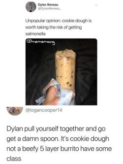 kingantlion:  smallest-feeblest-boggart:  ego-ann-16:  phantoms-lair:  ankaa-avarshina:  lorem64:  ankaa-avarshina:   lorem64: I’m so confused why he would think cookie dough would give him salmonella??? What parent told him this. There’s no chicken