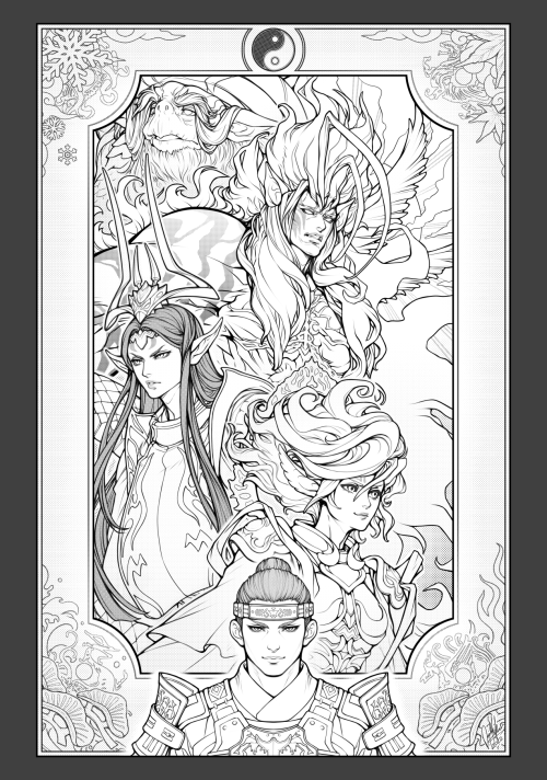 The Four Lords, Genbu, Byakko, Seiryu, Suzaku, and the Samurai, Tenzen, from Final Fantasy XIV.