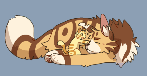 A digital illustration of Lionblaze and Fernkit from warrior cats. Lionblaze is curled up around Fernkit as the kitten holds up a paw over his muzzle, both of them are happy and smiling.