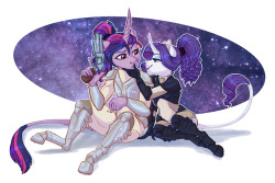 earthsong9405: Took me forEVER but I finally finished it; a commission for displacednote on DA for some of that spicy RariTwi! They wanted them to be in StarCraft gear, specifically Twi as Sarah Kerrigan and Rarity as Nova. Twi’s tryign to get ready