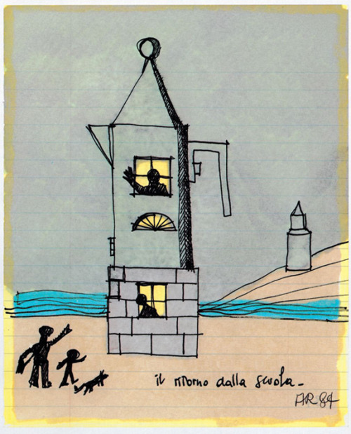 Aldo Rossi, Drawing for the espresso machine La Conica, Return from the school, 1984. Espresso coffe