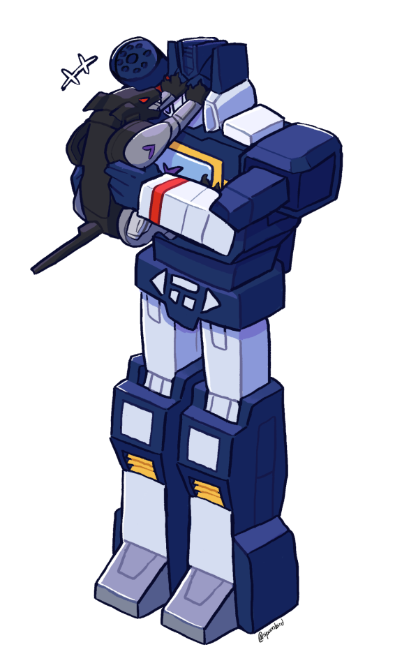 A drawing of Soundwave from Transformers Generation One holding Ravage, a robot cat. Soundwave is holding Ravage up to his face, who is scratching at Soundwave's eyes and has its back legs on his chest. Ravage appears to be hissing or growling.