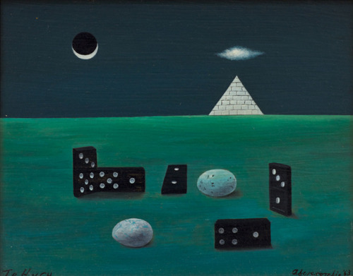 virtualgeometry: Gertrude Abercrombie: Birds, Eggs and Dominoes with Pyramid, 1963, oil on board, 