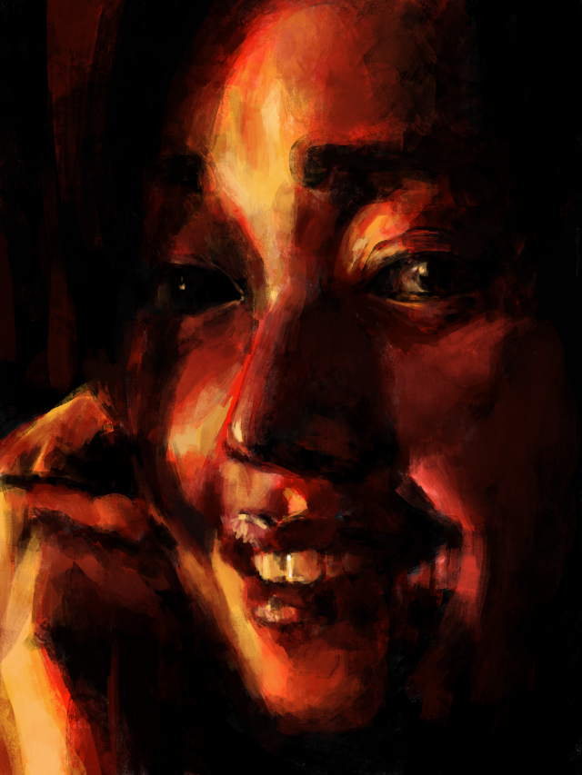 painting of oh young-sook smiling genuinely while talking on the phone. she looks sweet and charming in red, yellow, and black paint.