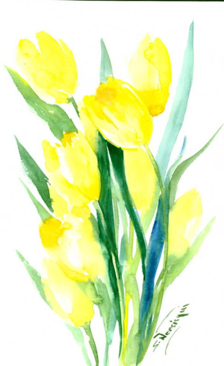 Yellow Tulips original watercolor painting 10 X 16 in yellow green floral abstract wall art by ORIGI