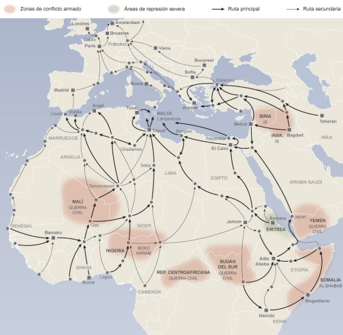 REFUGEES ROUTES TO EUROPE / RUTAS DE LOS REFUGIADOS A EUROPASource: El MundoMore maps on  http://geo