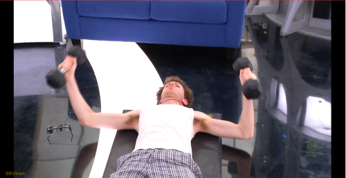 im screaming! joel has been doing a pre-veto workout all morning. he promised cass he would win it a
