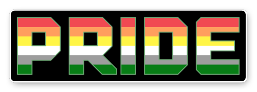 [image description: four block text banners of the word “pride” in a squared-off text, coloured in f