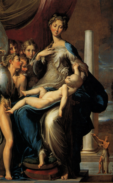   Madonna and Child with Angels and St Jerome (Madonna of the Long Neck)    ~Parmigianino    c. 1534 to 1540  Oil on panel  220 x 130 cm    Galleria degli Uffizi , Florence, Tuscany, Italy   la mia espressione mentre osservo il Cristo bambino è quella