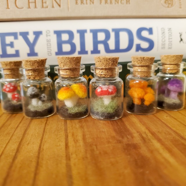 A photo of six jars filled with needle felted mushrooms and topped with corks.