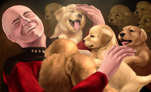 realdarkmateria:gryphonshifter:All done! Picard being mobbed by puppies!Masterpiece!