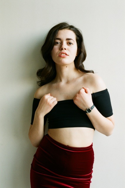 americanapparel:  Paula wearing the Cotton Spandex Off-Shoulder Top, Velvet Pencil Skirt, and Sheer Luxe Backseam Stocking.  this is a super-cute outfit