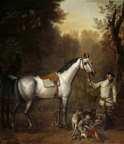 tate-museum:Viscount Weymouth’s Hunt: A Groom holding a Saddled Grey Hunter with Hounds and Terriers