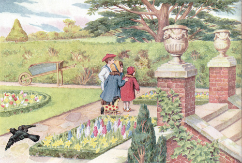hauntedgardenbook:Watching the spider, in an illustration from an undated old book, A Nursery Book o