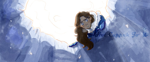 hotcuppahjo-art:   “Katara lingered for a moment longer, staring at him. Every part of her form was cast in shades of blue with the sun’s light behind her. Despite the cobalts and sapphires of the shadows, the blue of her eyes still stood out