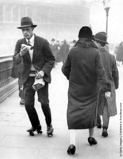 Rollerskating to work, during the General Strike, UK, 1926. Nudes &amp; Noises