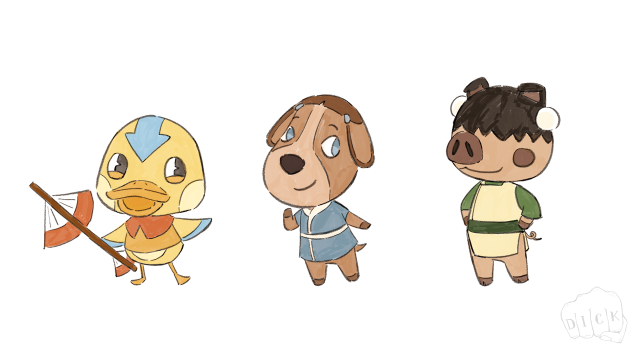 A digital drawing of Aang, Katara, and Toph, drawn in the style of Animal Crossing animals. Aang is a duck, Katara is a dog, and Toph is a pig.