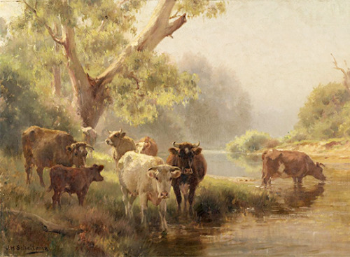 jadedownthedrainn:An early morning river scene (c. 1900) J. H. SCHELTEMA.