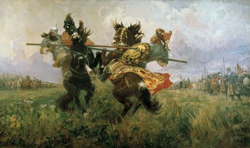 humanoidhistory:A 1943 painting depicts a legendary duel between Russian warrior monk Alexander Pere