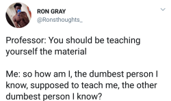 rightbackheretohauntyou: hummingbirdbandit:  Professor: You should be teaching yourself the material. Me: Then why, pray tell, am I paying you?   student: i really don’t understand the material. can you explain it?  professor who also doesn’t understand