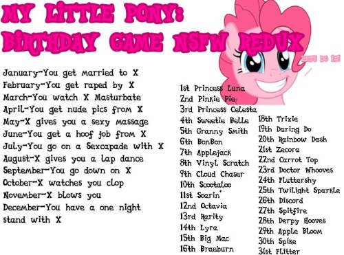 ask-rose-butter-female-sombra:  dapwnietecheno:  ask-vinnyscratch:  ask-missderpyhooves:  lemontimepony:  July 27 (you go on a sexcapade with spitfire)  got raped by bonbon….<3  One night stand with Vinyl Scratch  applejock blow job  You get raped