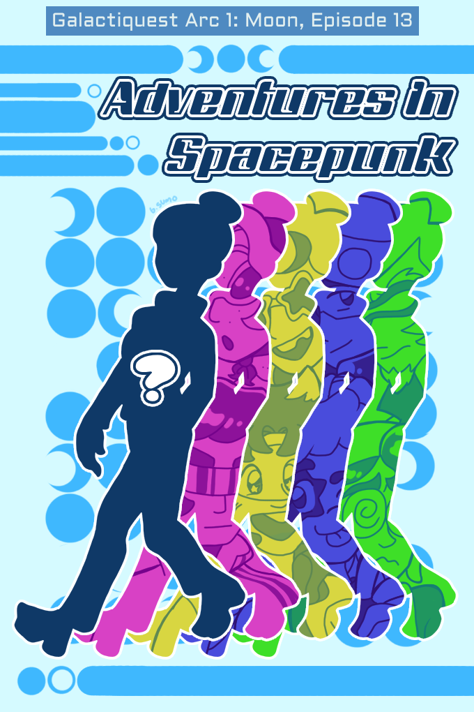 Episode 13, Adventures in Spacepunk cover. A silhouette of a woman walks. Four shadows trail behind her. The faces of the Celestion-5 members are in each one.