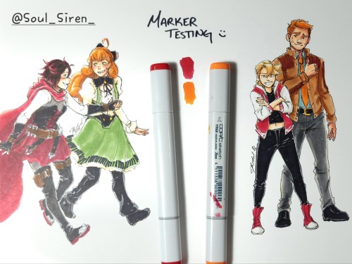 Got new markers and made quick doodles with them. The left has Penny and Ruby from RWBY, and the right has my characters from Demon Watch, Evelyn and Ike.