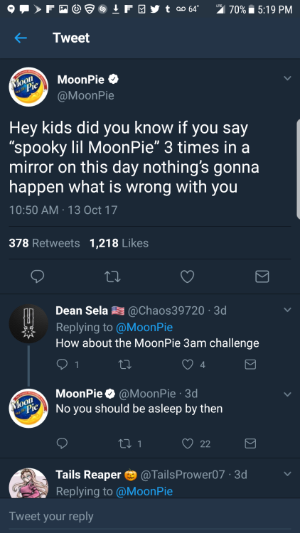 queen-of-dirt: girls-to-avoid:  helthehatter:  girls-to-avoid:   everyone always talks about the wendys twitter, but  let’s talk about moonpie’s twitter   Moon pie is so nice and responsible   He’s a very good boy  Ohhh my God  