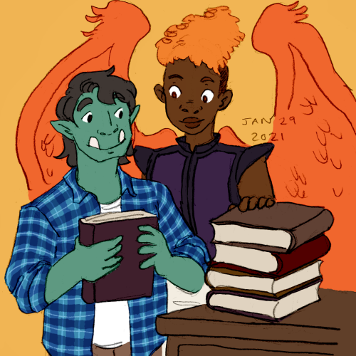 smallestbrown:gorguguary day 29 and some wizard pals :))[ID: a drawing of gorgug and ayda from fanta