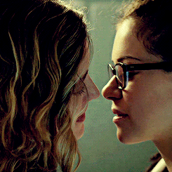 a-nice-little-cigarette:  This is the gif(s) I was talking about because look just look the way Cosima slightly parts her lips further as Delphine starts leaning in the way she tilts her chin up to meet her because Delphine already has to bend down to