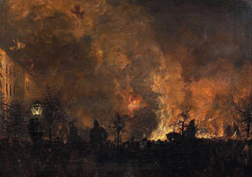 Oil painting “After the torchlight procession. Throwing of the flairs on the Dönhoffplatz in Berlin.” by Adolph Menzel depicts a nighttime scene that is either in dark shadows or bright bursts of flame-lit soke. The foreground appears to be a row of silhouettes of people, some on horseback, looking toward the smoke and flames. There are shadows of sparse trees and street lamps illuminated in pale yellow in the foreground, and a building on the left that is mostly covered in a billowing plume of smoke that covers most of the work. Vibrant and pale hues of oranges and yellows, blended with greys and blacks, make up the shadows and highlights of everything but the dark silhouettes.