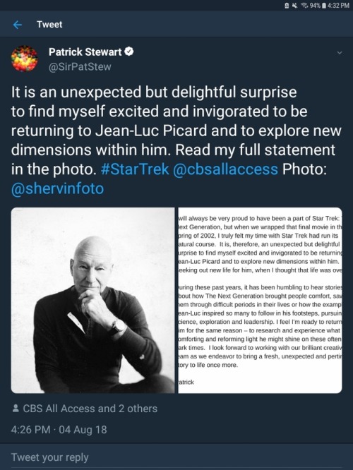 trekcore:PATRICK STEWART IS OFFICIALLY RETURNING TO THE ROLE OF JEAN LUC PICARD!
