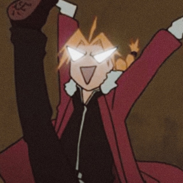 An icon of ed from fullmetal alchemist. he is drawn comedically poorly and is leaping into the air, his leggy up high. his arms are up and he has glowing eyes and an evil grin.