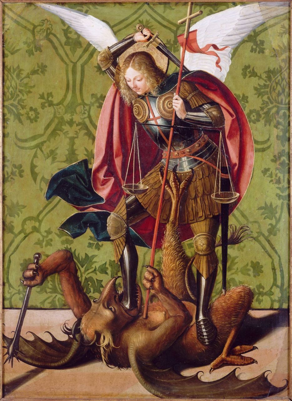 classic-art:  St. Michael killing the Dragon Josse Lieferinxe, c. 1493-1505 