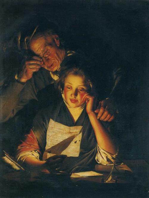 artist-joseph-wright: A Girl reading a Letter, with an Old Man reading over her shoulder, 1770, Jose